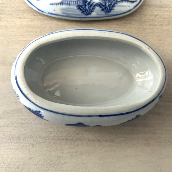 Vintage Ceramic Oriental Blue Painted Trinket Box Oval, Jewelry - Picture 10 of 11